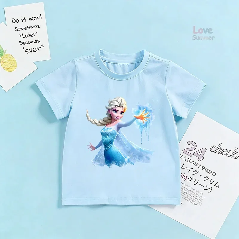 겨울왕국 엘사 공주 아리엘 라푼젤 소녀 여름 짧은 소매 어린 소녀 7-13세 생일 어린이 티셔츠  어린이 선물