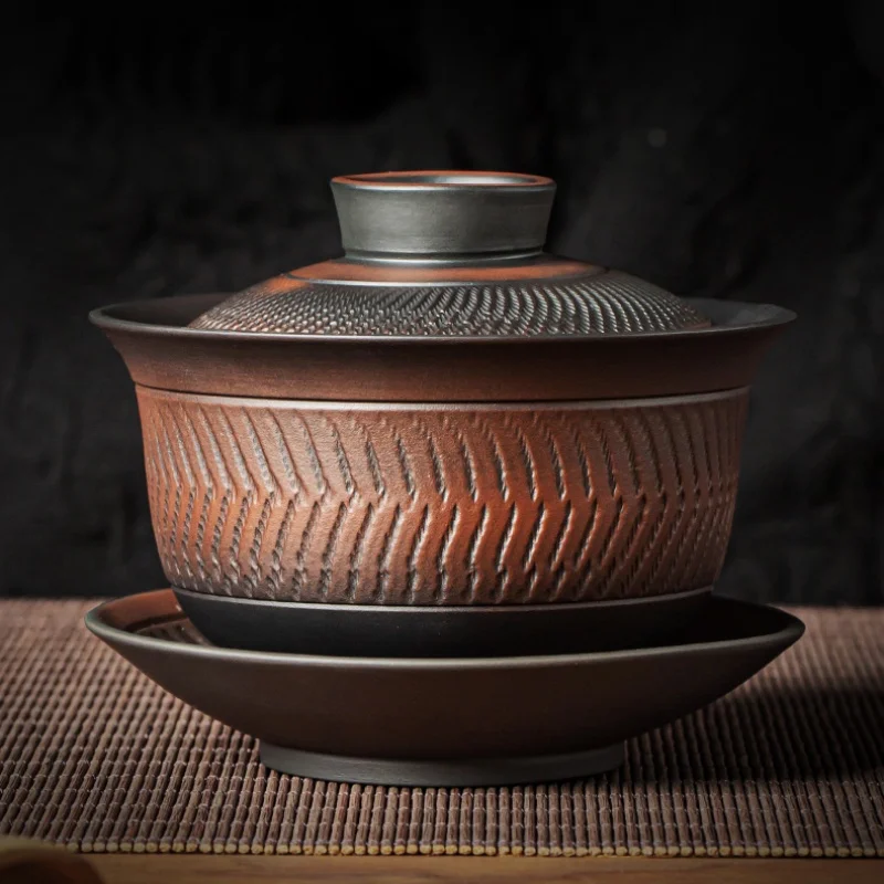 Purple Pottery Vintage Gaiwan Ceramic Jump Knife Process Tea Tureen Pigmented Kung Fu Drinkware