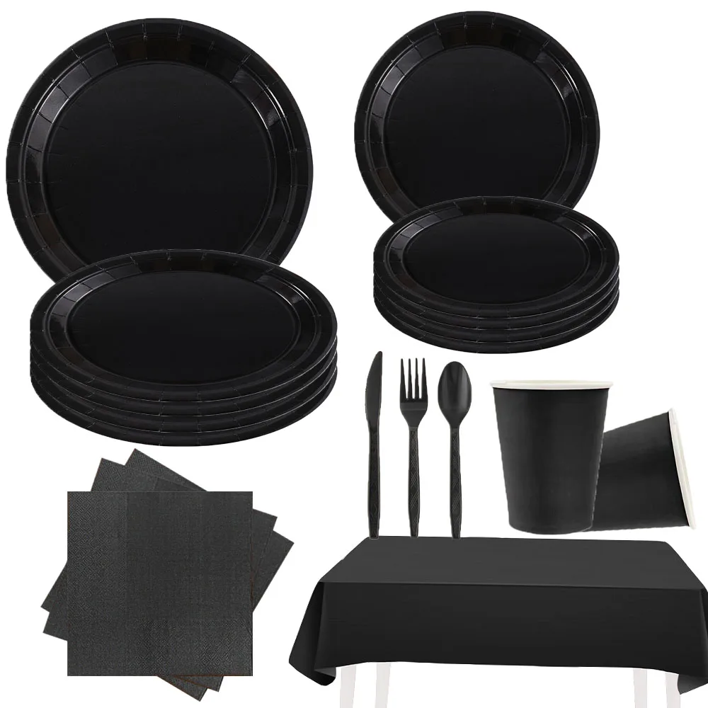 Black Birthday Party Tableware Set - 20-Piece Disposable Plates Cups Paper and Tablecloth