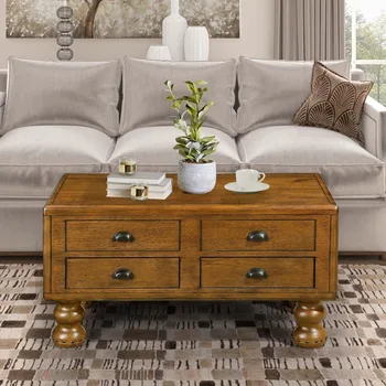 Wood Coffee Table with Storage Drawers, Vintage Rectangular Coffee Table for Living Room, Distressed Center Table