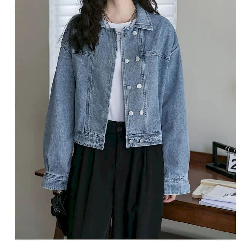 

Solid Soft Denim Jacket Women Loose Casual Streetwear Coats Korean Style Long Sleeve Tops Vintage Women's Jacket Double-breasted