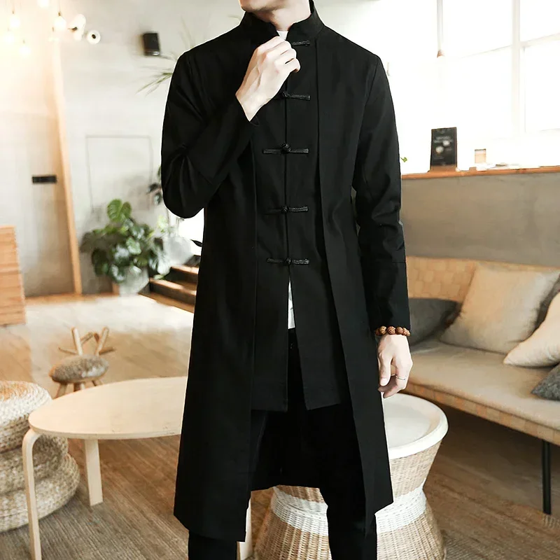 Trench Coat Men Fake two Pieces Cardigan Kimono Coat Male Long Chinese Style Black Loose Vintage Cotton Linen
