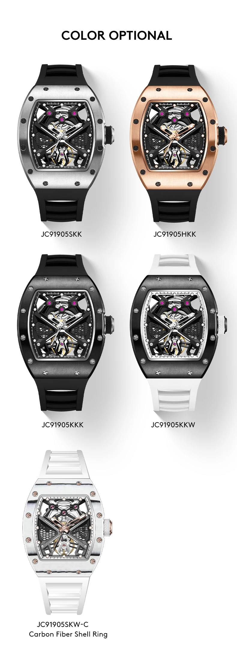 91904 Hip-Hop Automatische Mechanische Uhr Silber Stahl Hohles Zifferblatt Wasserdicht Leuchtend Hochwertige Gummiband Mode-Uhr – Detail 11