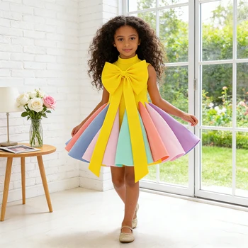 Abiti Estivi Colorati per Damigelle, Eleganti Vestiti con Fiocco per Matrimoni, Compleanni, Balli di Gala, Cerimonie di Laurea e Serate di Gala