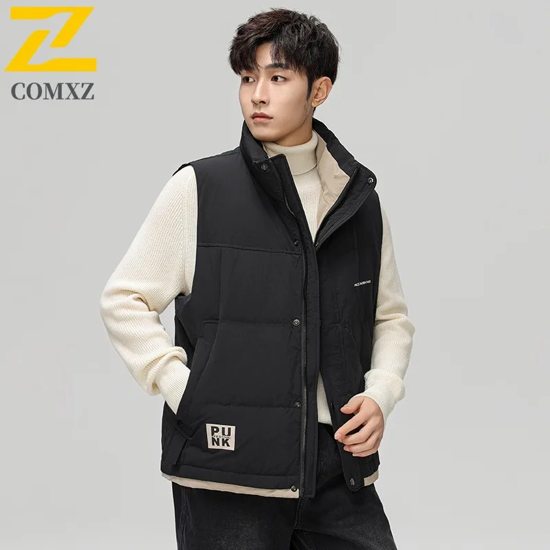 Autumn Winter Men's Down Sports Vest Stand Collar Casual  Loose  Waterproof Windproof Jacket Fit School Camping Hiking Fishing