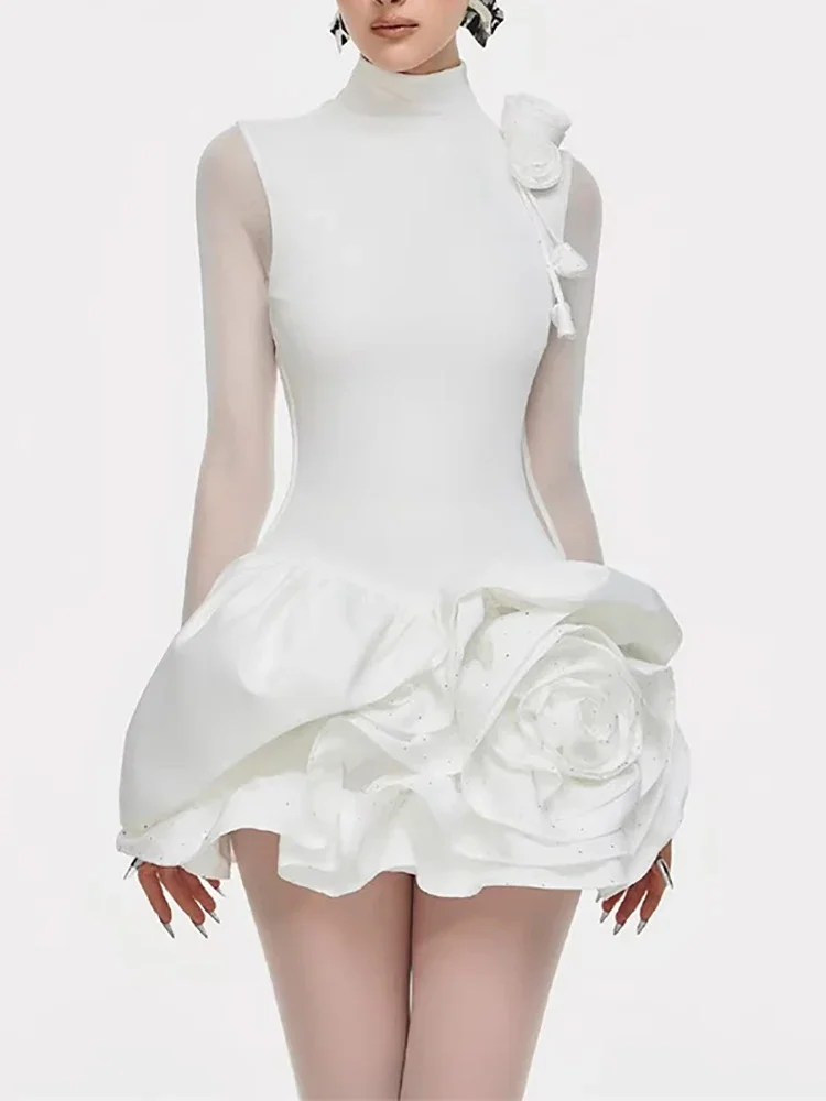 Sexy Long Sleeves Mesh See Through Floral Mini Dress Women White Stand  Collar Ruffles Flower Slim Dresses Evening Party Cocktail - AliExpress  200000345