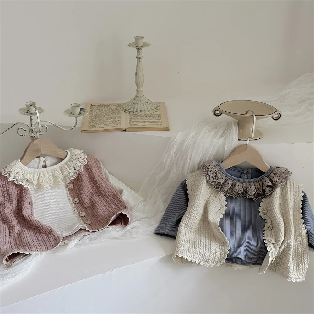 Description Picture 5 of item2025 Autumn New Baby Girl Sleeveless Vest Newborn Infant Cotton Cardigan Toddler Lace Vest Coat Baby Solid Clothes 0-24M
