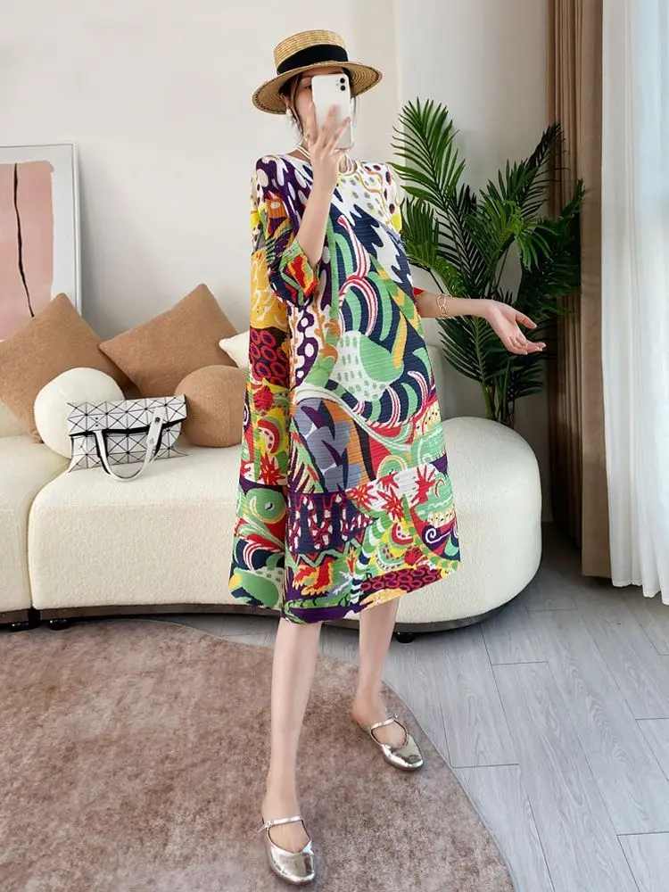 

Женское свободное облегающее платье с принтом в стиле отпуска, новинка на весну и осень, плиссированная юбка с рукавом и круглым вырезом