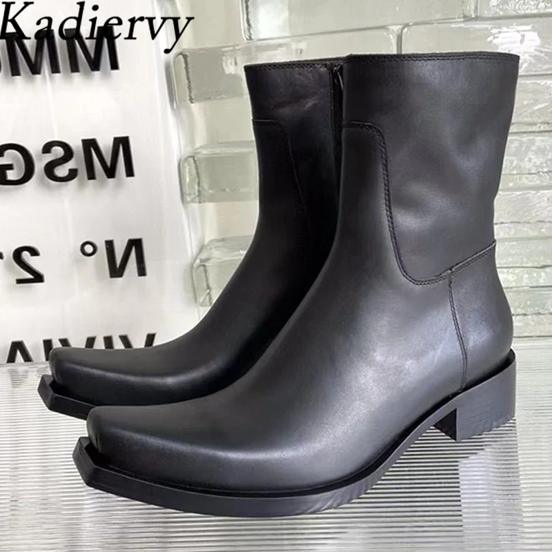 

Black Chelsea Boots Women Square Heels Genuine Leather Knight Boots Square Toe Runway Shoes Women Autumn Short Boots Woman