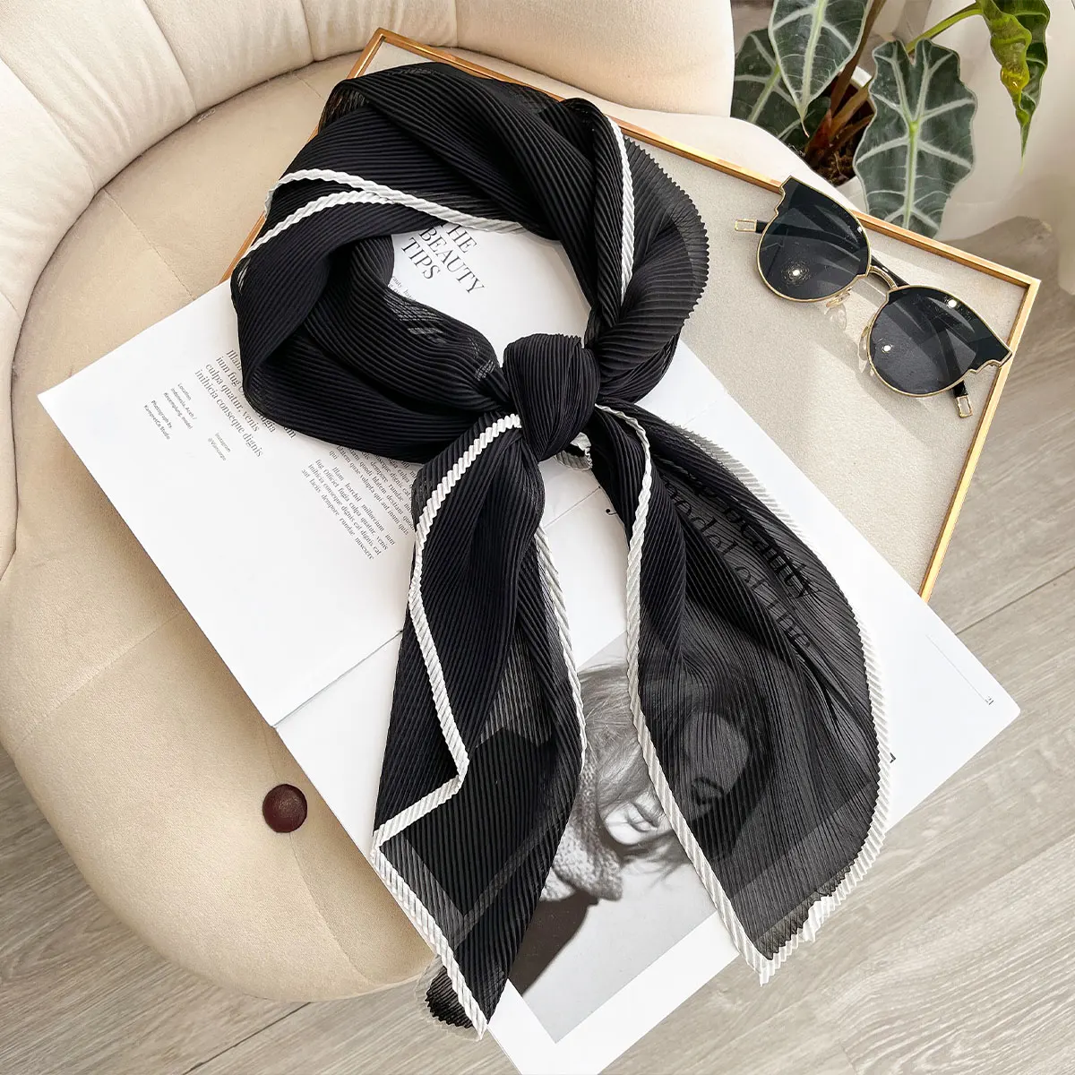 Women Pleated Satin Solid Scarf Headscarf long Shawl Sun protection Hair Tie Band HandKerchief Satin Foulard Scarves Decorative