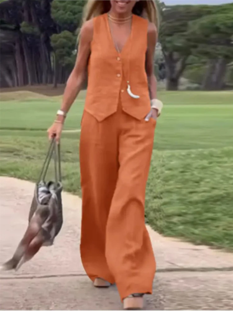 ノースリーブ スーツ ワイドレッグ パンツ ベスト エレガント 女性のためのエレガントなベストとパンツのセット,ノースリーブ