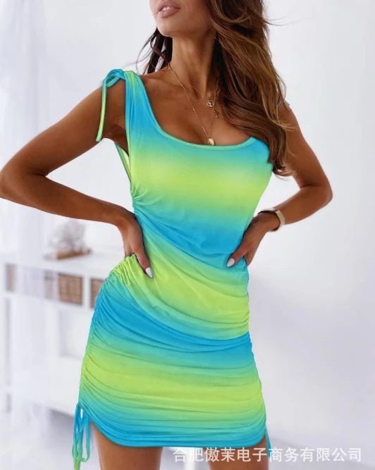 

Blue Green Gradient Drawstring Slim Fit Large Round Neck Suspender Dress for Summer Women's New Tight Fitting Short Skirt