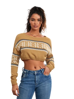 Women Cute Cropped Sweaters Casual Print Warm Long Sleeve Pullover Basic Knitwear for Fall Streetwear 2