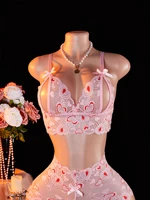 Ensemble de lingerie sexy pour femme, soutien-gorge ouvert en dentelle rose, culotte sans entrejambe, lingerie féminine, sling séduisant, sous-vêtements transparents fétichistes 4