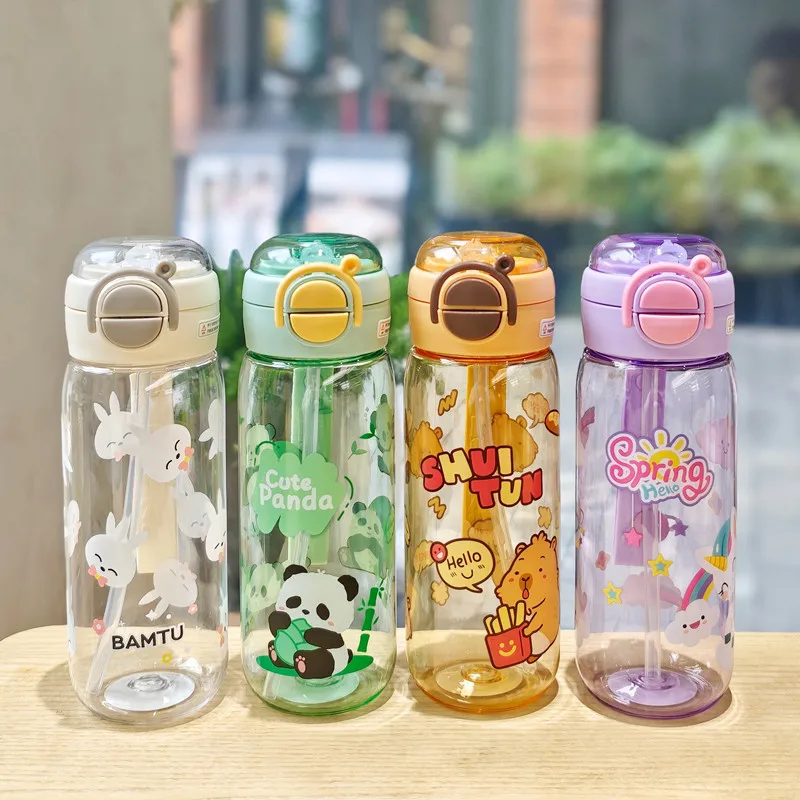 600ml High Quality Cartoon Plastic Water Bottle With Straw BPA Free Leak-Proof Durable Unbreakable Kids Drinking Bottle