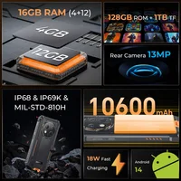 Oukitel WP28 S Rugged smartphone 6.52‘' HD 10600mAh 8GB (4+4)+128GB Android14 13MP Camera cellphone 2