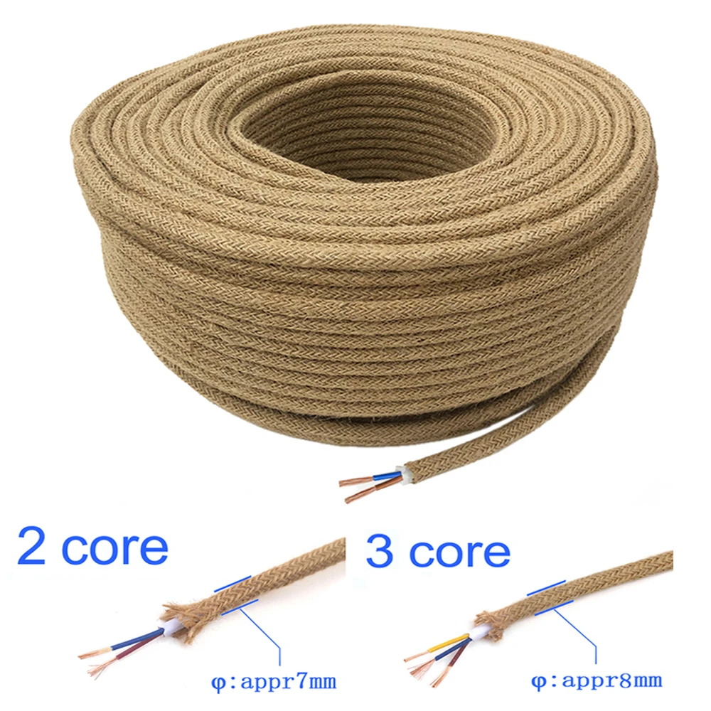 1M Round Vintage Wire Hemp Braided Lighting Cable Flexible 3 Core Lighting Cord 