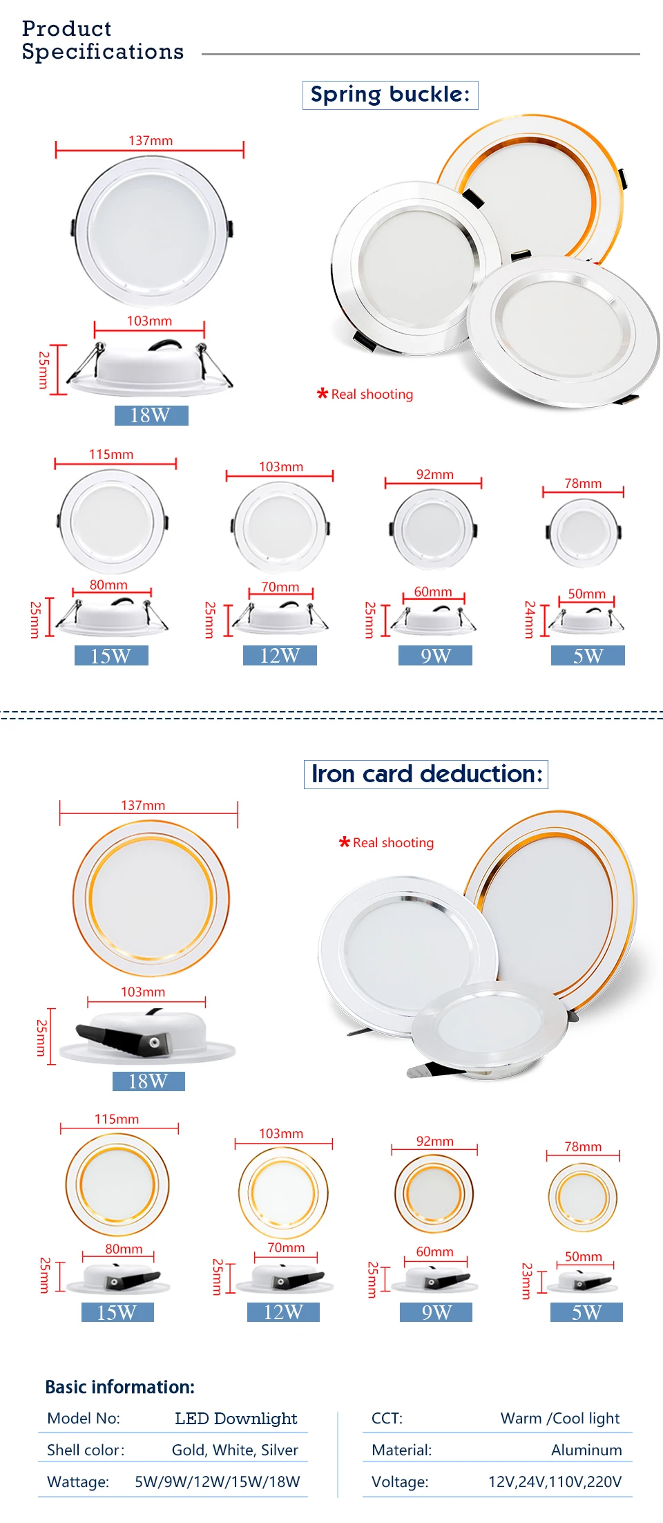 Description Picture 3 of itemLed Downlight 5W 9W 12W 15W 18W Panel Light 110V 220V Recessed Down Light Round Ceiling Light 12V 24V Spotlight Indoor Lighting
