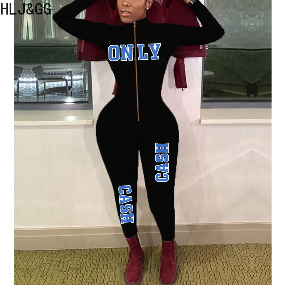 

HLJ&GG Casual Letter Printing Bodycon Jumpsuits Women Zipper Long Sleeve Skinny Pants One Piece Playsuits Female Sporty Overalls