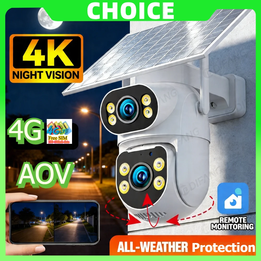 유씨 4G LTE 태양광 보안 카메라 WiFi 불필요 AOV 24시간 연속 모니터링 듀얼 스크린 2K 컬러 야간 투시경 4G 무선 태양광 감시 카메라