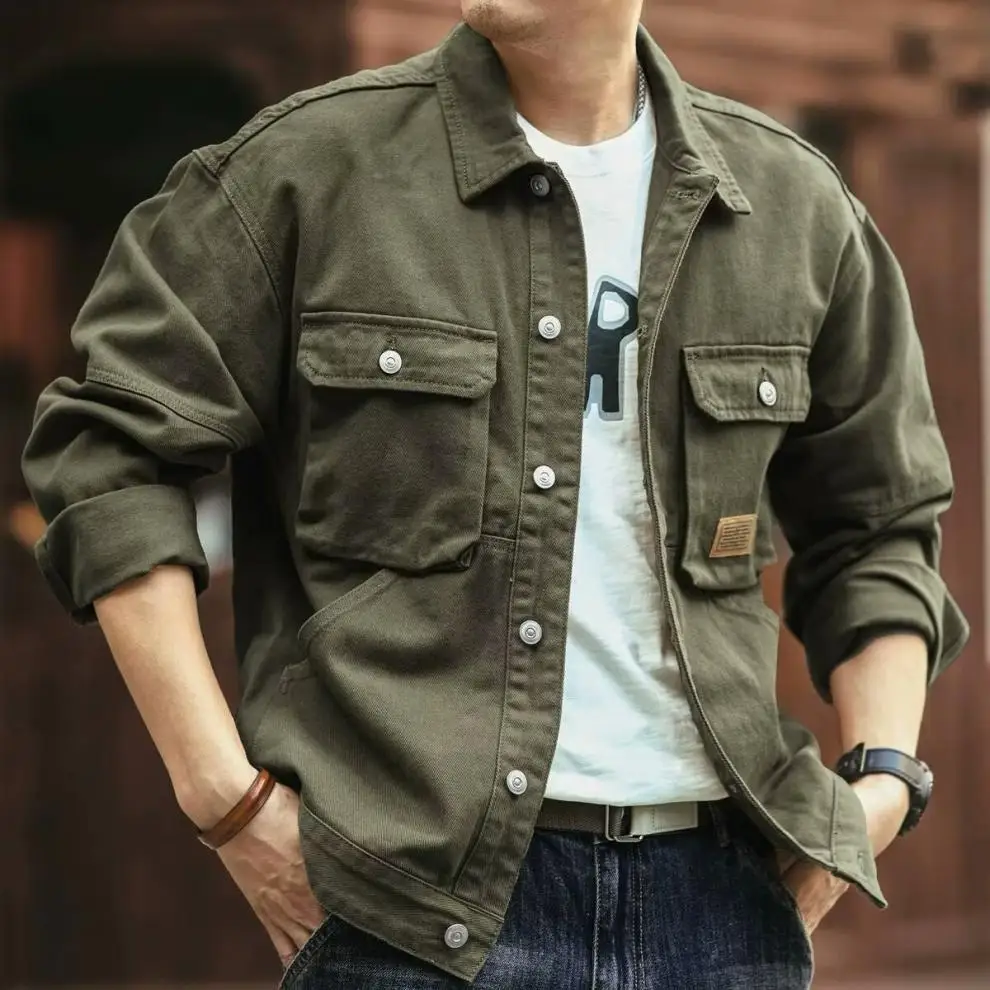 Denim Cargo Jacket - Plus Size Men's Oversize Casual Coat With Turn-Down Collar