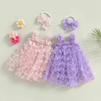 2pcs Infant Baby Girl Clothes Baby Girl Summer Romper Dress Sweet 3D Butterfly Tulle Sleeveless Strap Jumpsuit And Headband