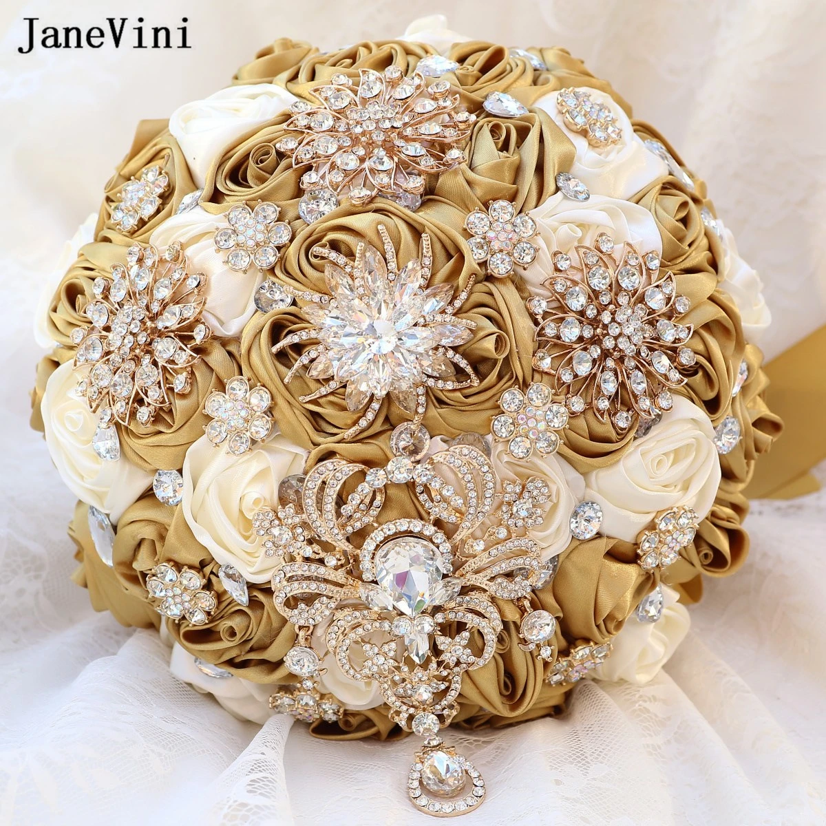 JaneVini 2023 Luxury Bridal Bouquets Jewelry Rhinestone Artificial Light Gold Ivory Satin Roses Bride Flower Bouquet for Wedding