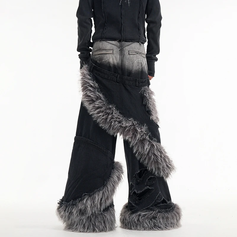 LUZHEN Fake Two Piece Denim Pants Patchwork Fur Worn-out Trendy High Street Luxury American Straight Tube Trousers Male LZ8217 4