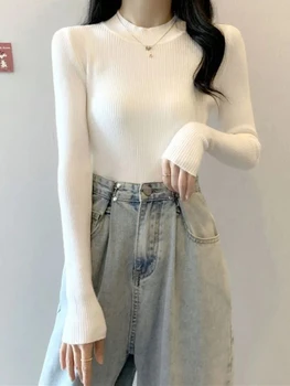 جديد الياقة المدورة سترة المرأة الشتاء الأساسية محبوك البلوفرات الكورية موضة طويلة الأكمام تريكو السيدات مطاطا سليم لاعبا 2