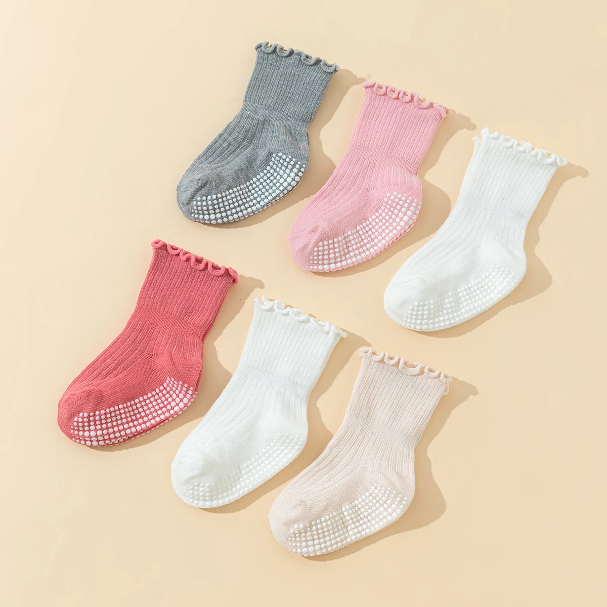 6 Paar Baumwollsocken für Mädchen und Kleinkinder mit Spitze – rutschfeste Baby-Gel-Socken, süße Wandersocken mit rutschfestem Rüschen-Design