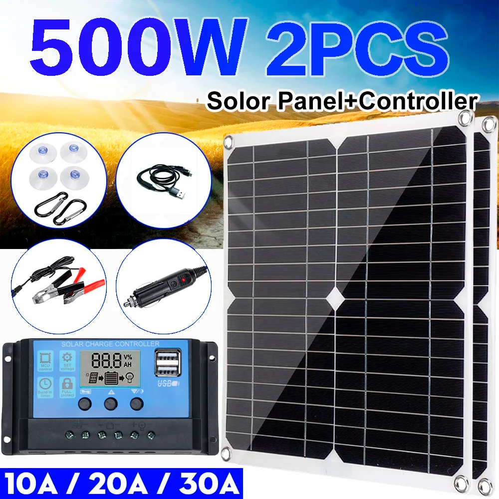 

500W Solar Panel Factory Direct Sales Portable Photovoltaic Power Generation Solar Energy 2 USB for Home Camping Phone Car Yacht
