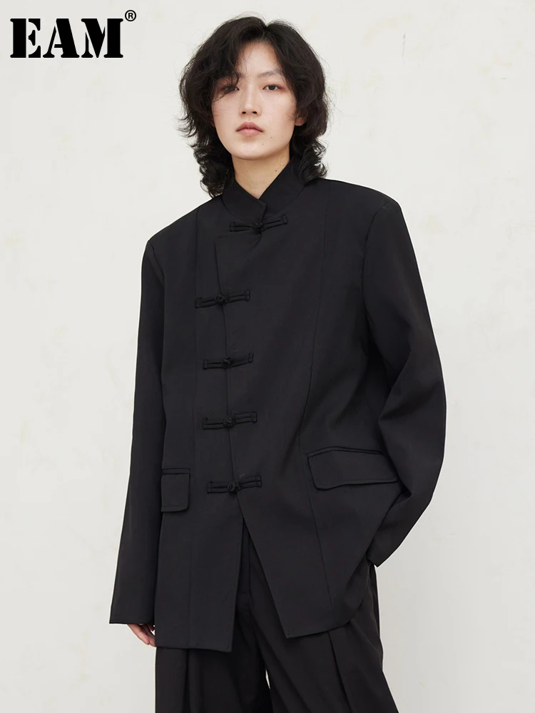 

[EAM] Women Black Buckle Big Size Blazer New Stand Collar Long Sleeve Loose Fit Jacket Fashion Tide Spring Autumn 2023 1DH0438