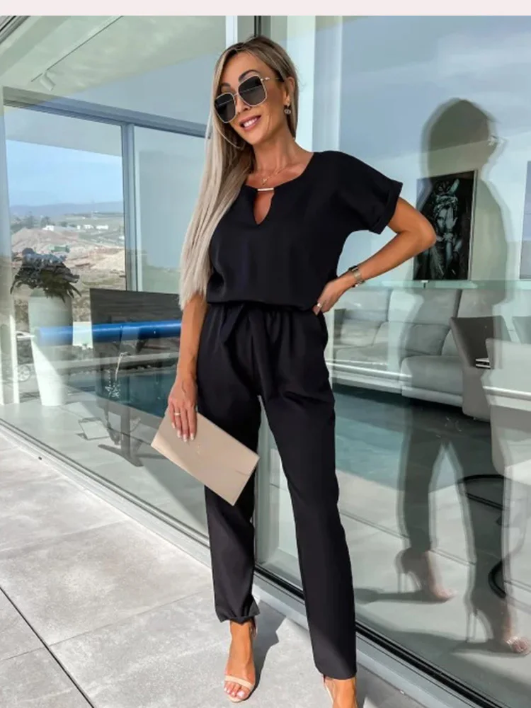 Summer Elegant Women Jumpsuit V-neck Fashion Short Sleeve Elastic Waist Belt Slant Pocket Casual Pants Romper Simple Jumpsuits