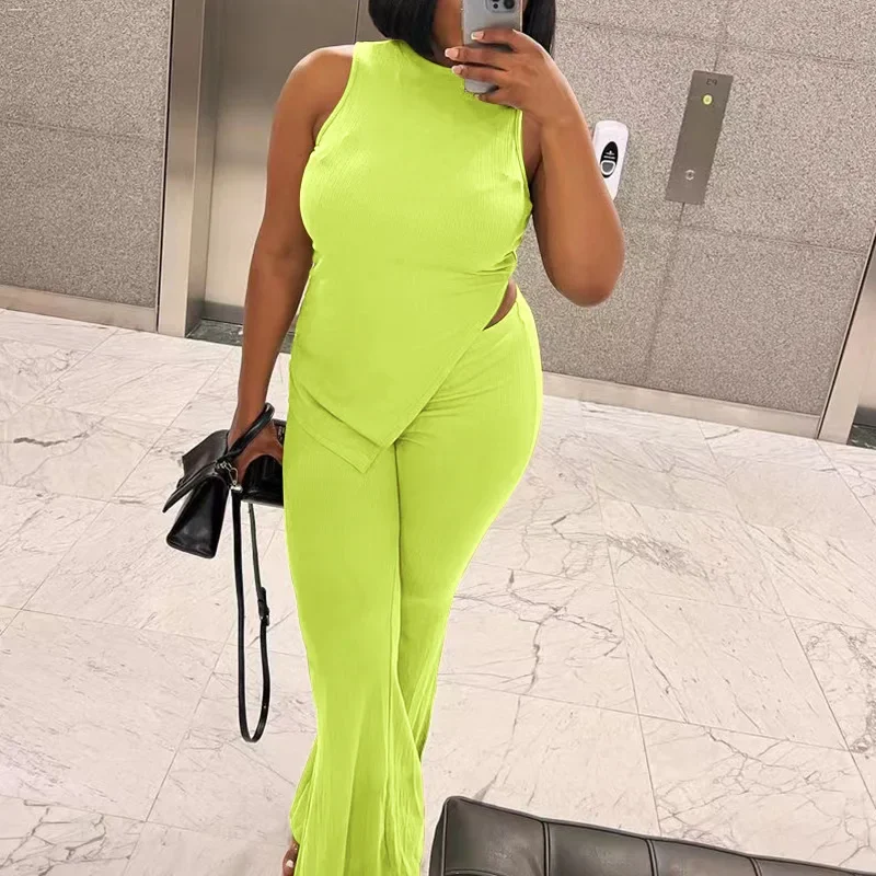 

Женский пляжный комплект одежды, однотонный комплект из двух предметов, жилет без рукавов и брюки с разрезом, лето 2023