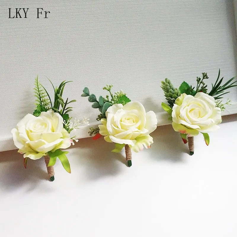 

LKY Fr Boutonnieres Wedding Accessories Groom Pin Silk Flowers Ivory Wrist Corsage Boutonniere Mariage Homme Bridesmaid Bracelet