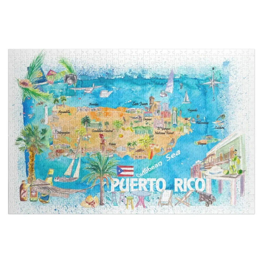 Puerto Rico Islands Illustrated Travel Map with Roads and Highlights Jigsaw Puzzle Toys For Children Customized Kids Gift Puzzle travel greek islands книга