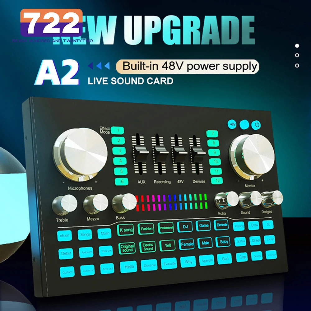 A2 Live Sound Card With 48V Power Supply Multifunctional Audio DJ Mixer Microphone Volume Adjustment For Live Streaming Singing audio mixer sound card audio interface