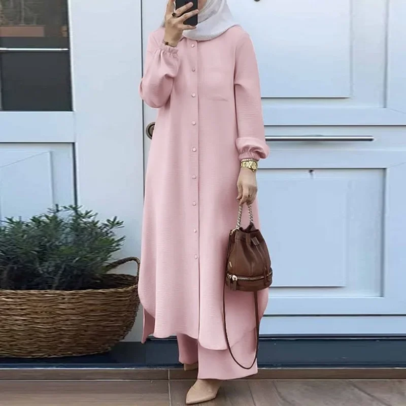 Muslim style two-piece women's long sleeved shirt and pants set, long robe dress, ball dress abayas for women prom dress  abaya