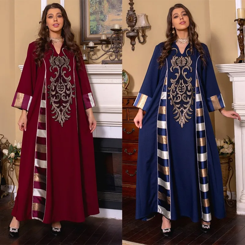 

European and American Women's Clothing Foreign Trade Middle East Sequin Embroider Patchwork Stripes Muslim Gown