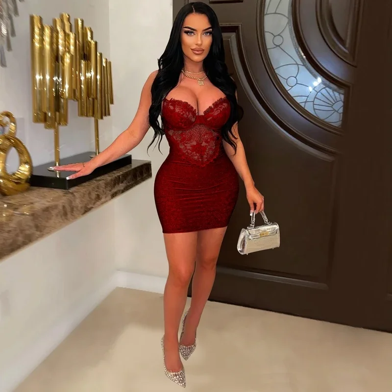 

Patchwork Lace Nightclub Sexy Party Dress Mini Summer Backless Spaghetti Strap Transparent Short Bodycon Dress Bandage Tight