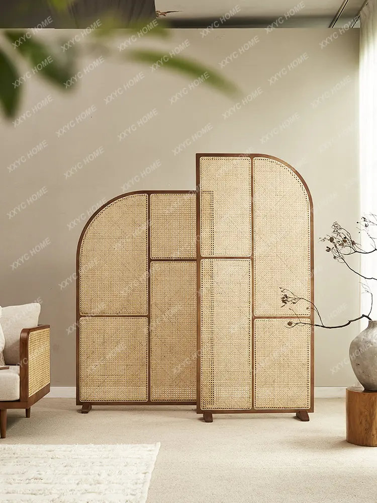 

Solid Wood Screen Home Removable Partition Small Apartment Living Room Retro Rattan Screen