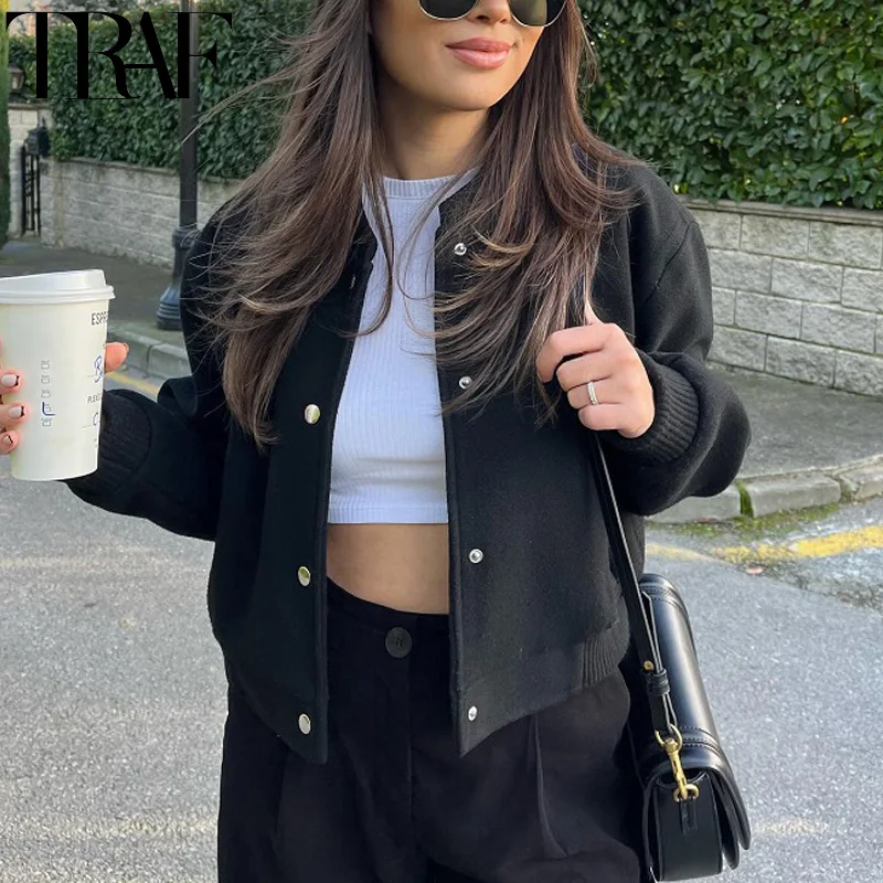 TRAF Cropped Bomber Jackets For Women Autumn Long Sleeve Baseball Jacket Woman Fashion Winter Button Aviator Jackets Streetwear 5
