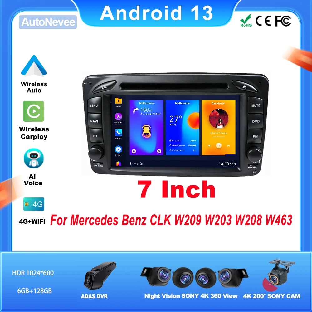 

7-дюймовый автомобильный Bluetooth Android для MERCEDES BENZ CLK W209 W203 W208 W463, мультимедийный сенсорный экран для автомобильной камеры, телефон с wi-fi