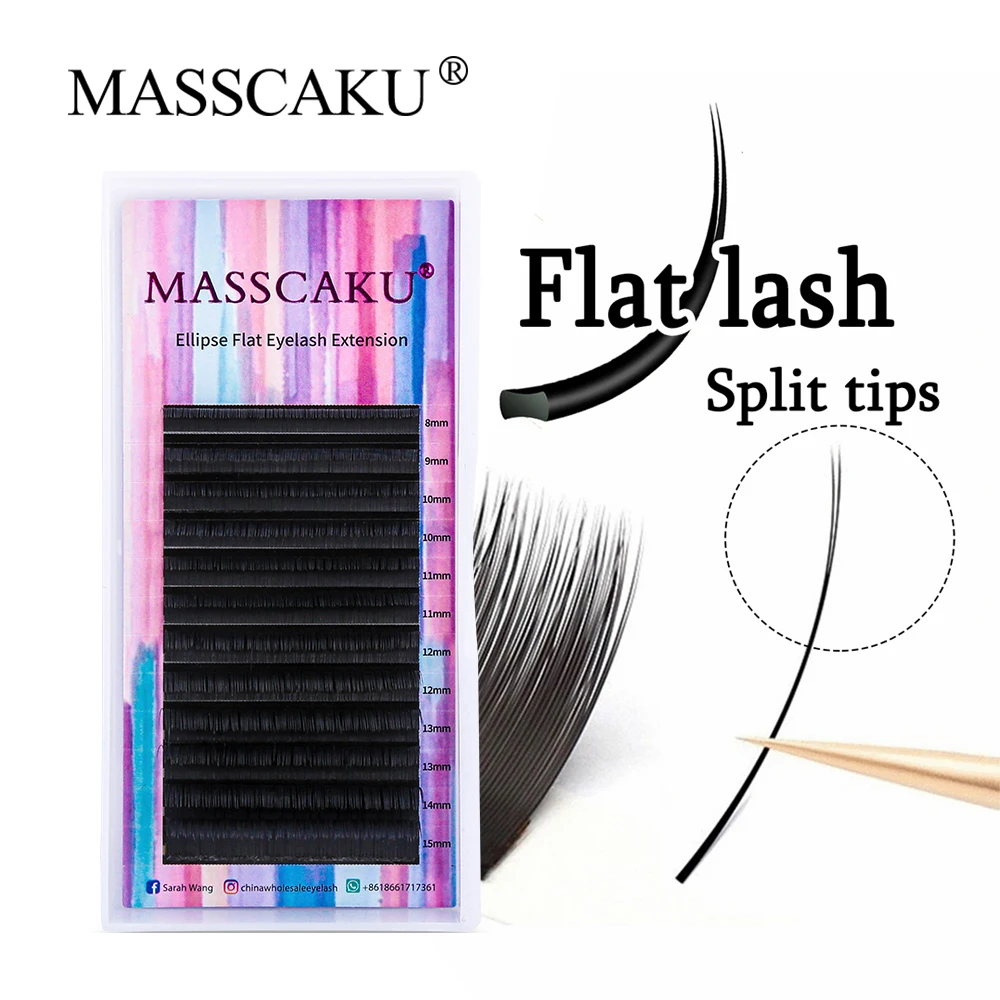 

MASSCAKU Wholesale Top Quality 12 Row Ellipse Flat Eyelash Extension C/D Curl Faux Mink Softer Individual Lash Salon and Makeup