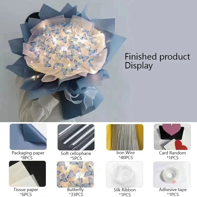 Handgemachte Schmetterlings sträuße Material gesetzt mit Lichts chnur Blumen paket Geschenk papier Hochzeit Geburtstags feier Dekoration Geschenk – Detail 3