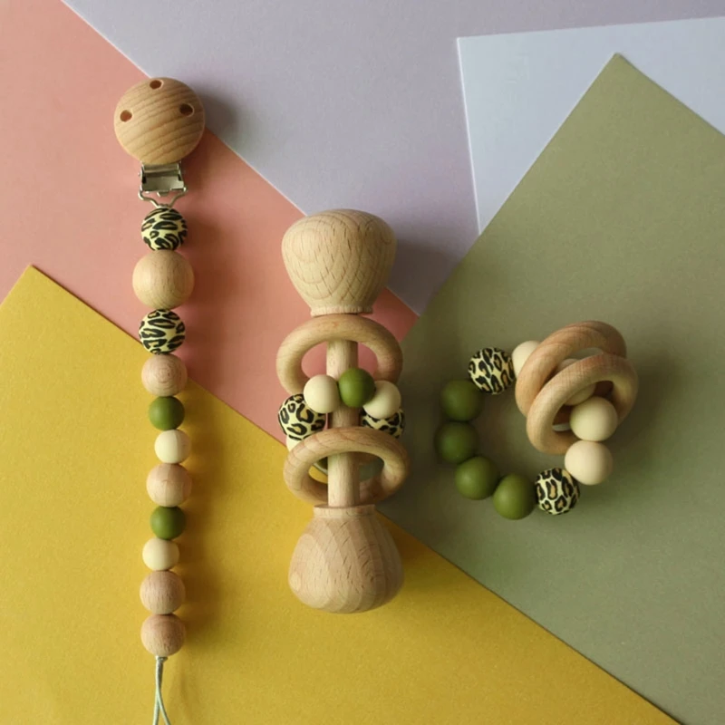 

3 Pcs/Set Baby Pacifier Clip Chain Holder Bracelet Teething Soother Molar Infants Wooden Rattle Teether