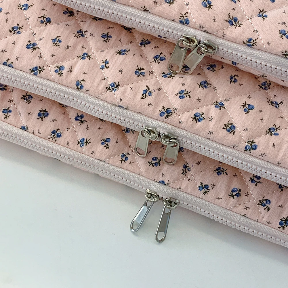 Korean Flower Printed Laptop Carrying Case Quilted Notebook Protective Sleeve Cute INS Grid Handbag for 11-15 Inch Laptop Tablet