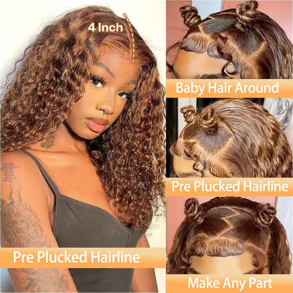 Highlight Ombre 4/27 Human Hair Glueless Wigs Deep Wave Lace Front Pre Plucked 13x4 HD Lace Closure Wigs for Women 250% Density