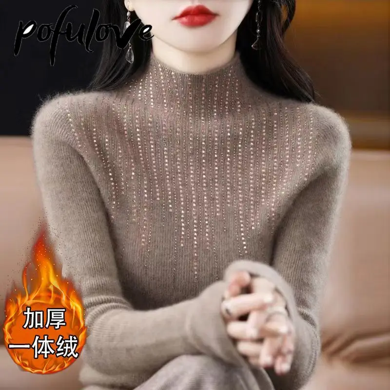 캐주얼 패치워크 터틀넥 스웨터, 두꺼운 루즈핏 패션 트렌드 여성 의류, 가을 겨울 한국 풀오버 그레이스 10 여성용 심리스 순수 울 스웨터, 하프 터틀넥 플러시 풀오버, 긴 소매, 2023 다이아몬드, 외피 스트레치 니트웨어, 가을, 겨울