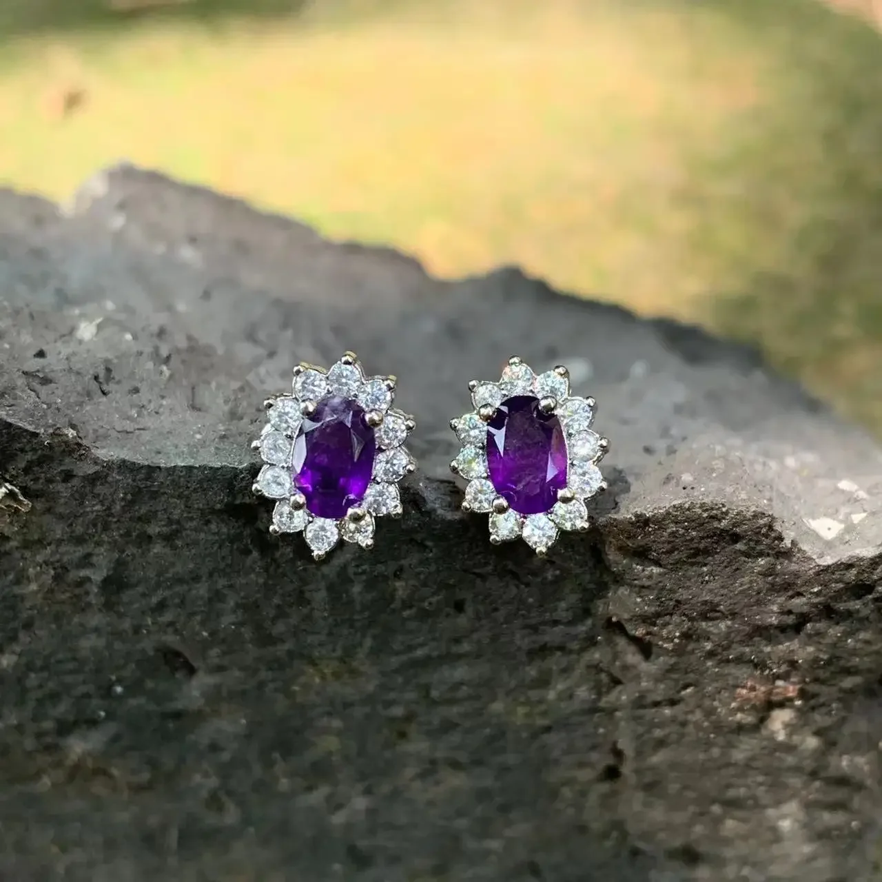 Genuine Natural Amethyst 925 Sterling Silver Stud Earrings for women Jewelry Gift  1.4ct Ocean Blue Topaz Oval Pave CZ